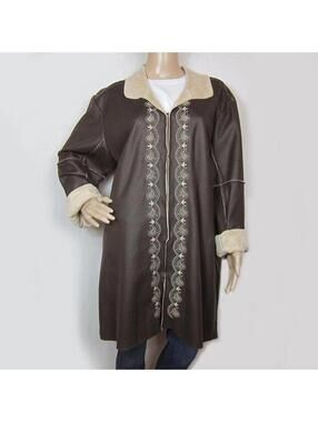 Vintage NWT Large Boho Embroidered Duster Jacket Brown Faux Suede Fur Trim NEW